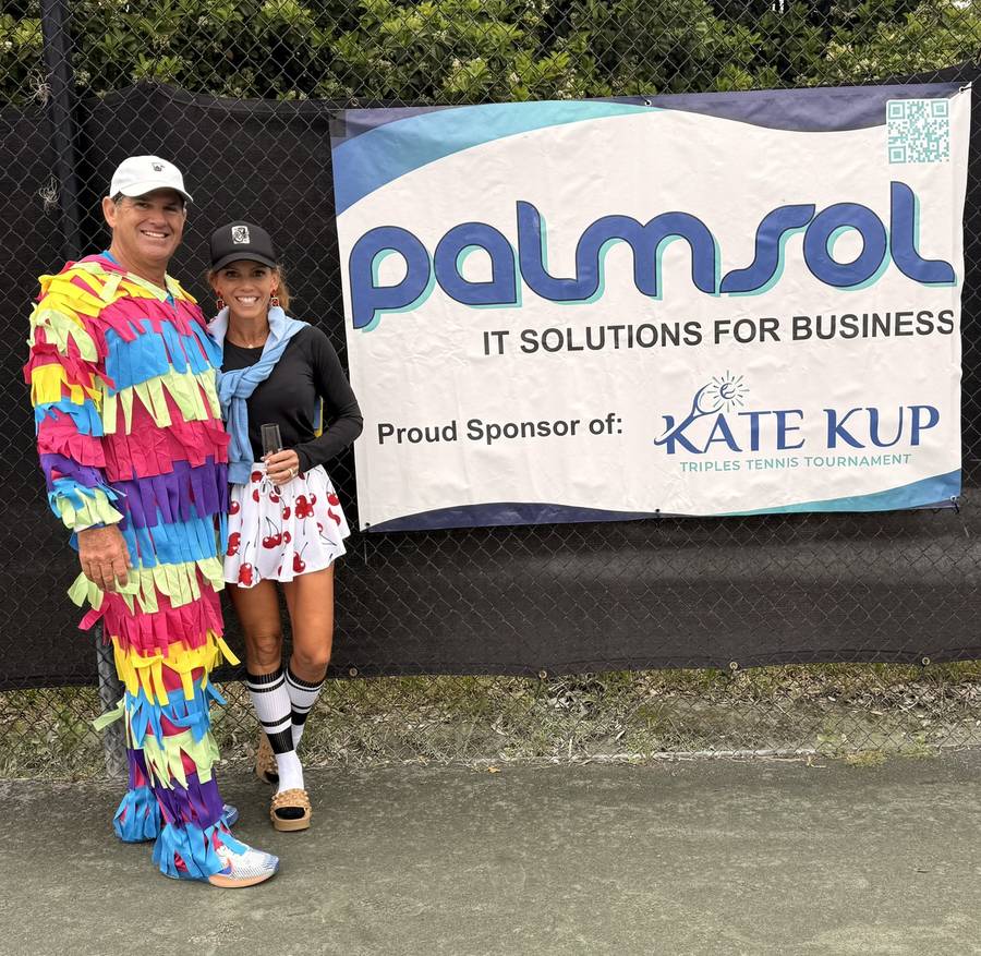 PalmSol sponsors posing in costume at the Kate Kup Triples Tennis Tournament
