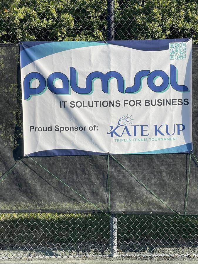 PalmSol banner as a proud sponsor of the Kate Kup Triples Tennis Tournament